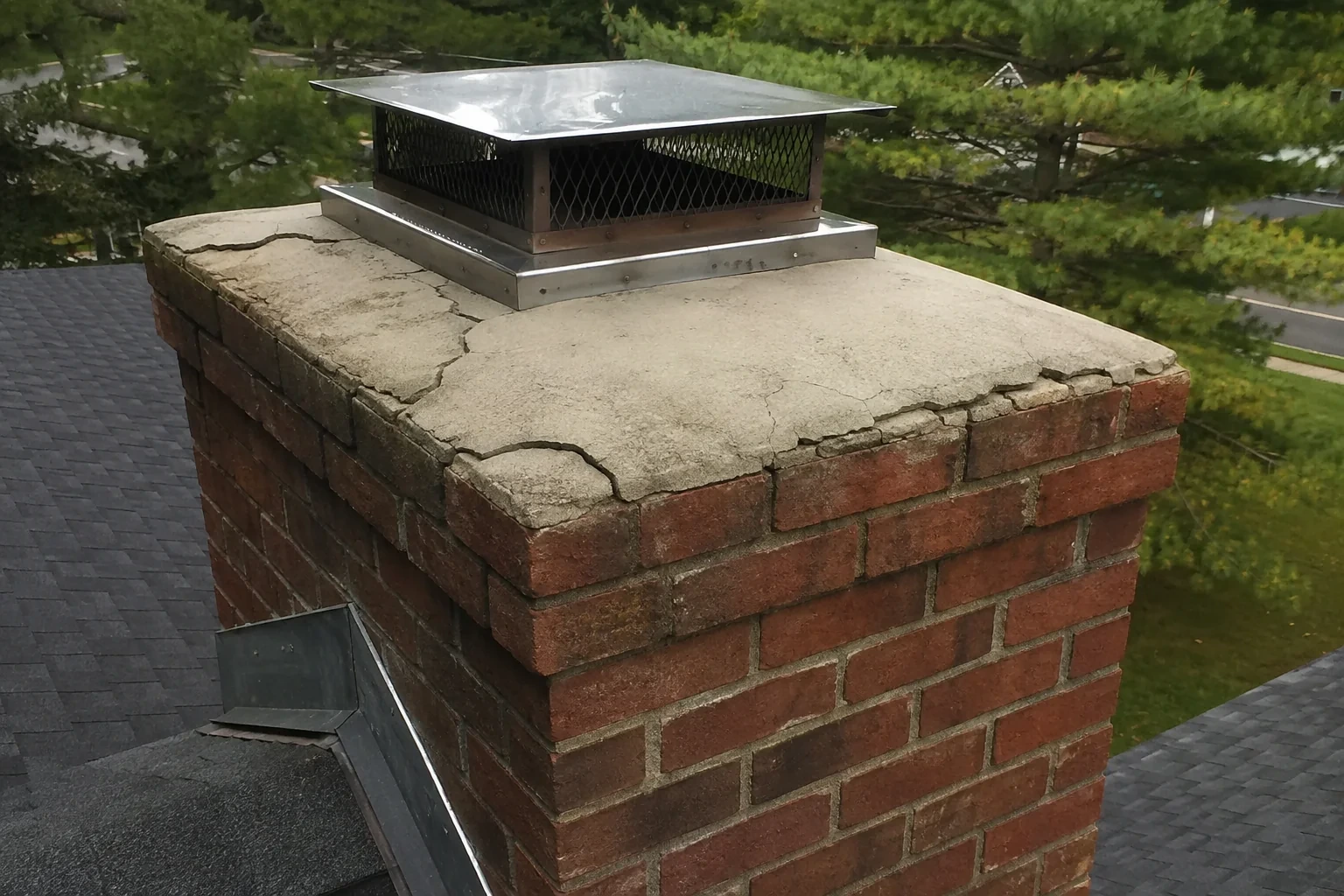 Illustration: Cracked masonry chimney crown beneath a screened metal cap.