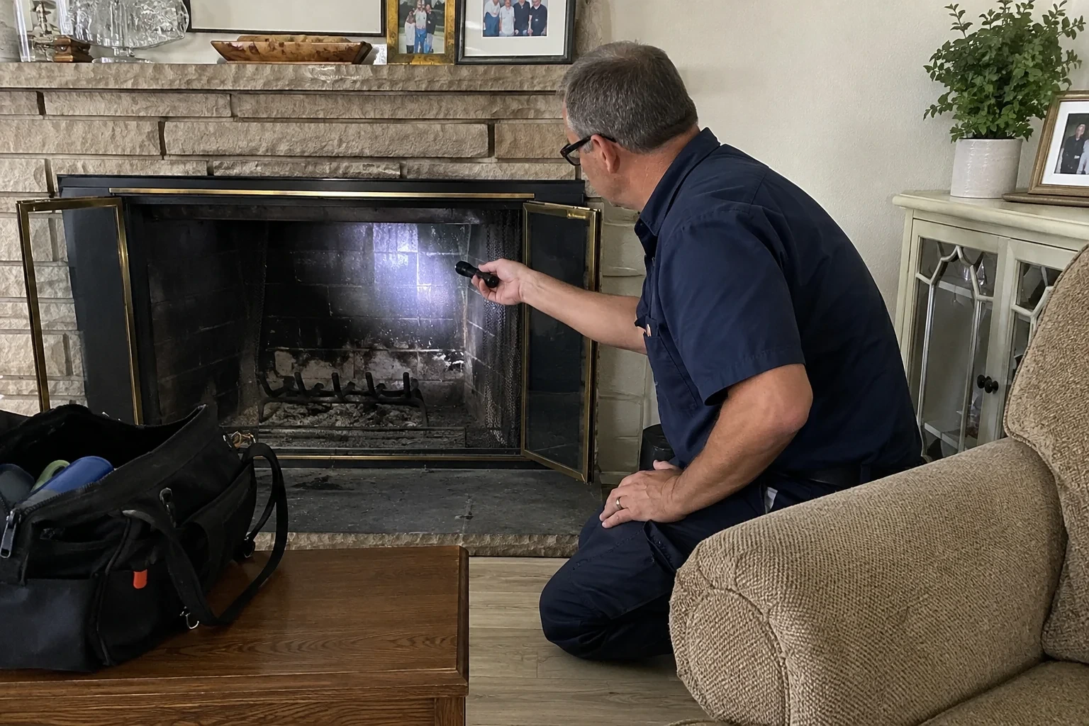 Illustration: Technician inspecting a cold fireplace with a flashlight.