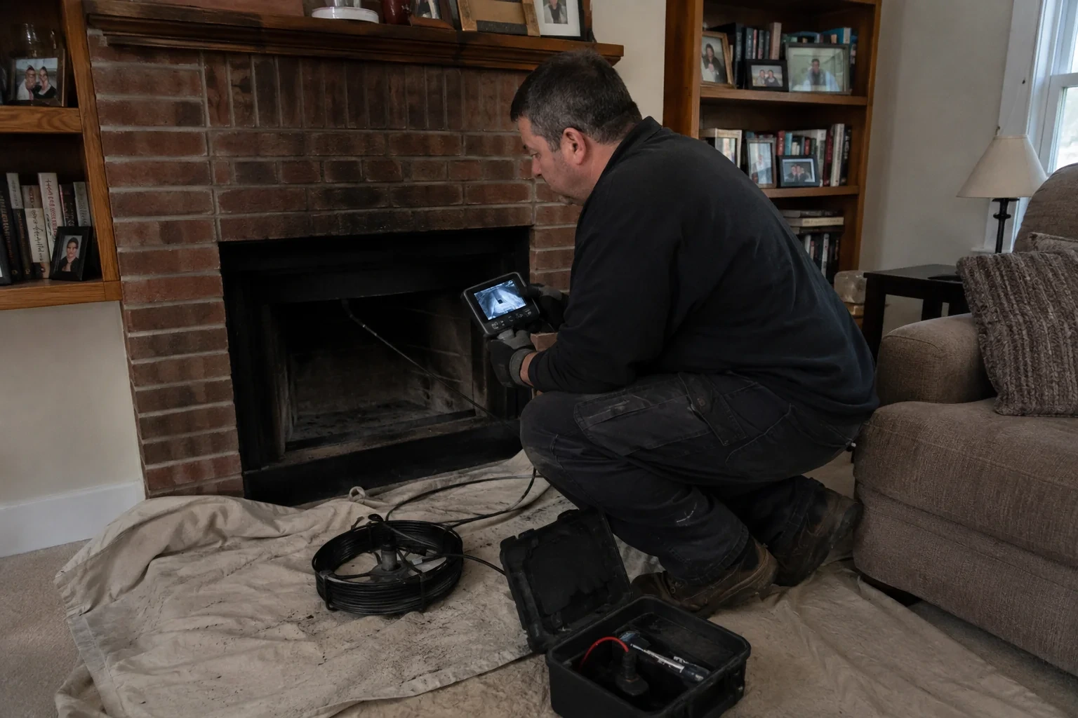 Illustration: Technician viewing a handheld monitor beside a fireplace and cable reel.