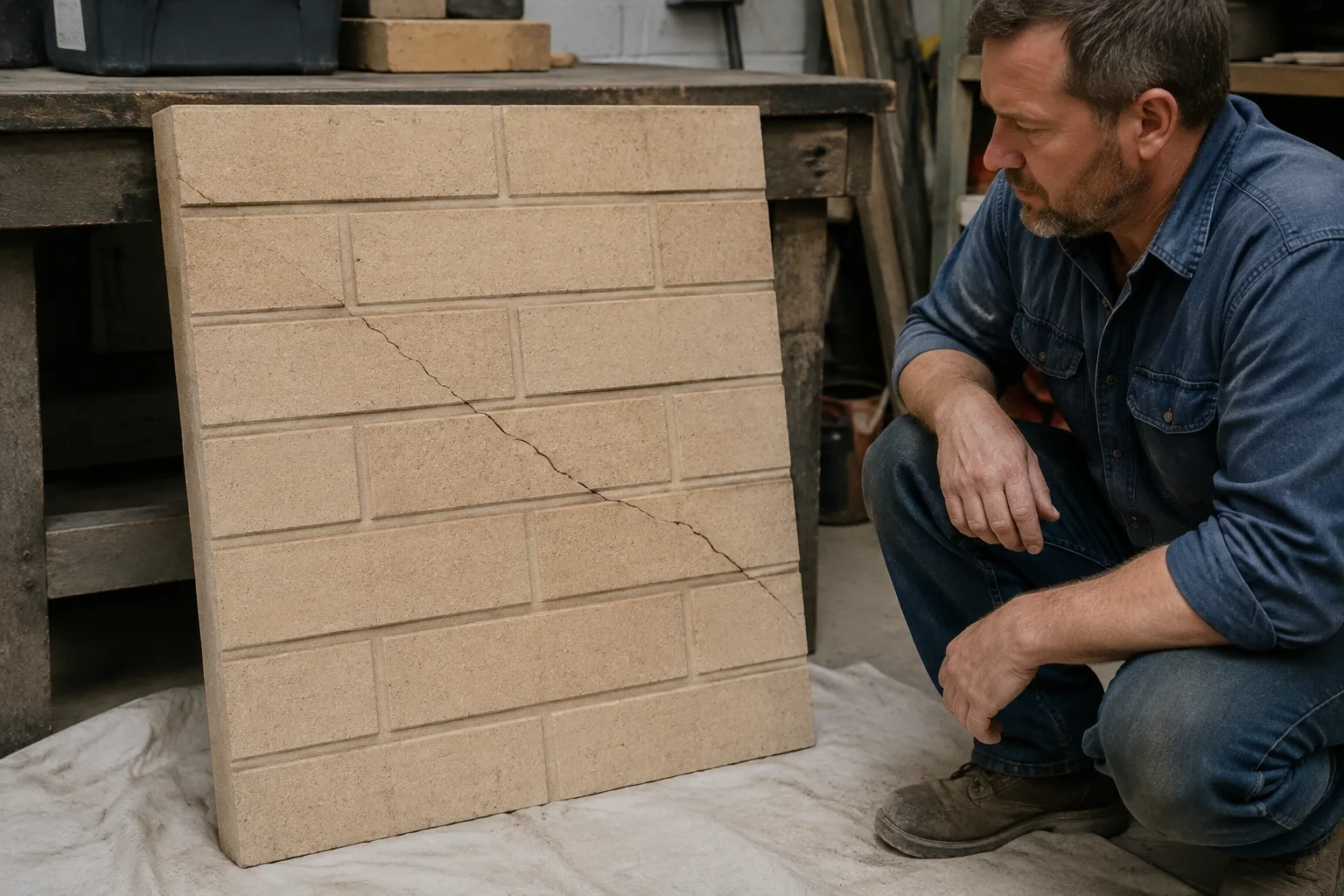 Illustration: Detached molded refractory-style panel with a diagonal crack and visible slab edge.