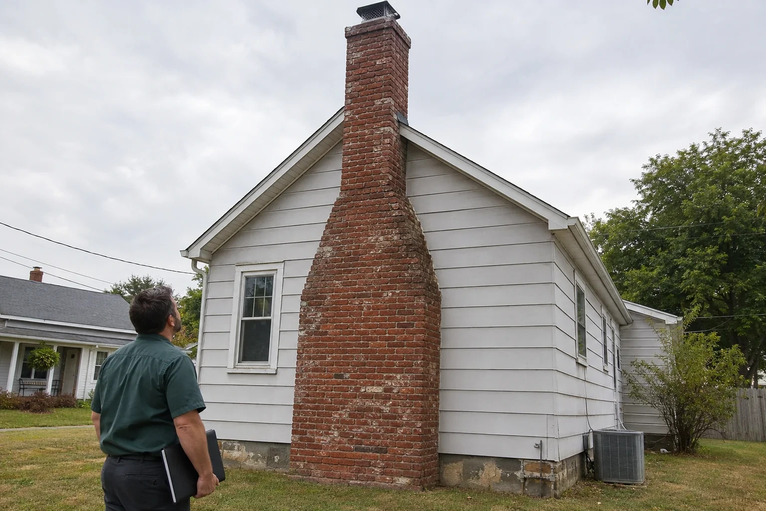 Illustration: Whole exterior brick chimney from base to cap beside a single-story house.