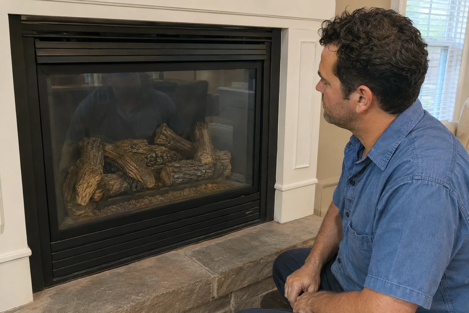 Illustration: Technician viewing a cold glass-front fireplace with imitation logs.
