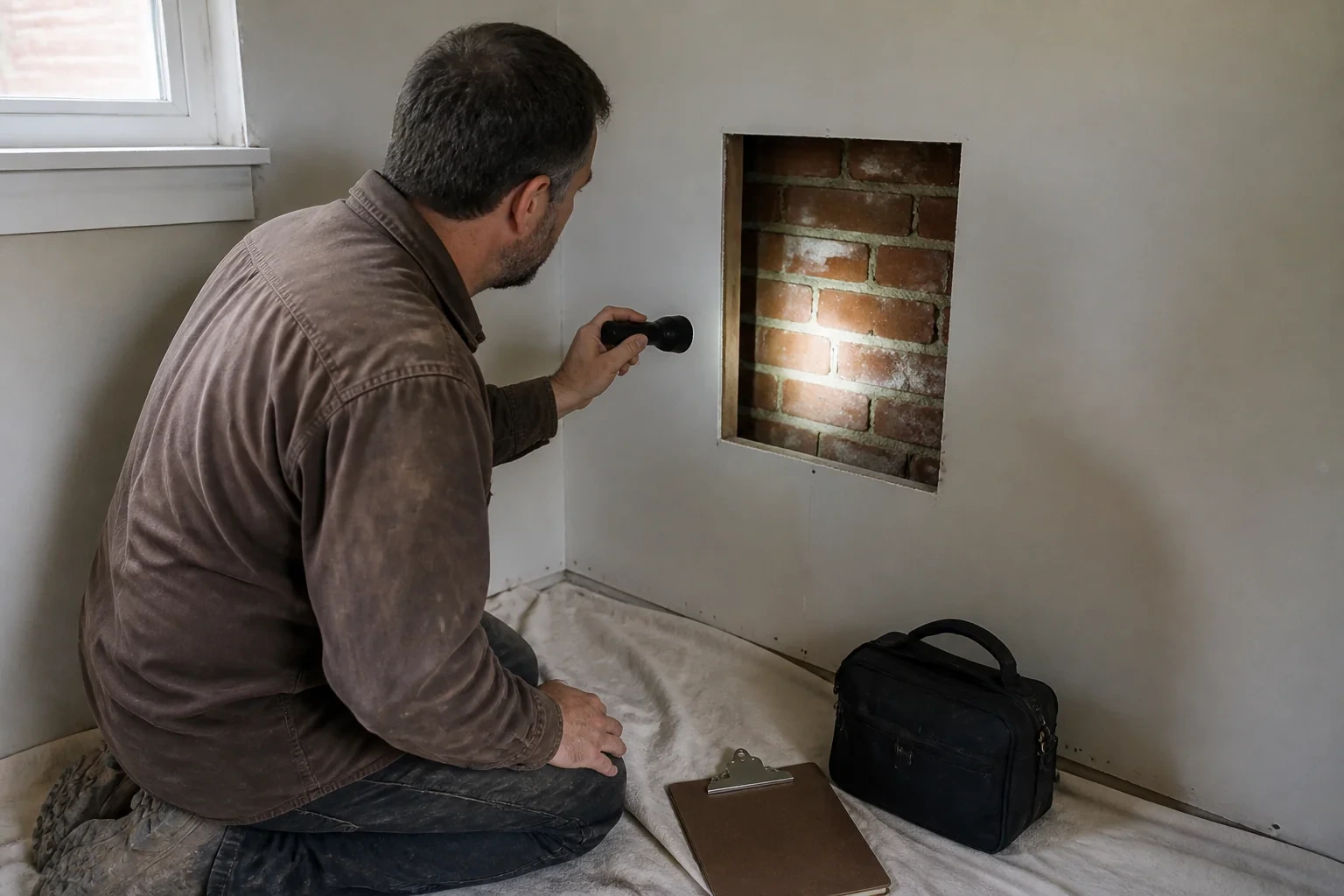 Illustration: Technician using a flashlight to inspect brickwork through a drywall access opening.