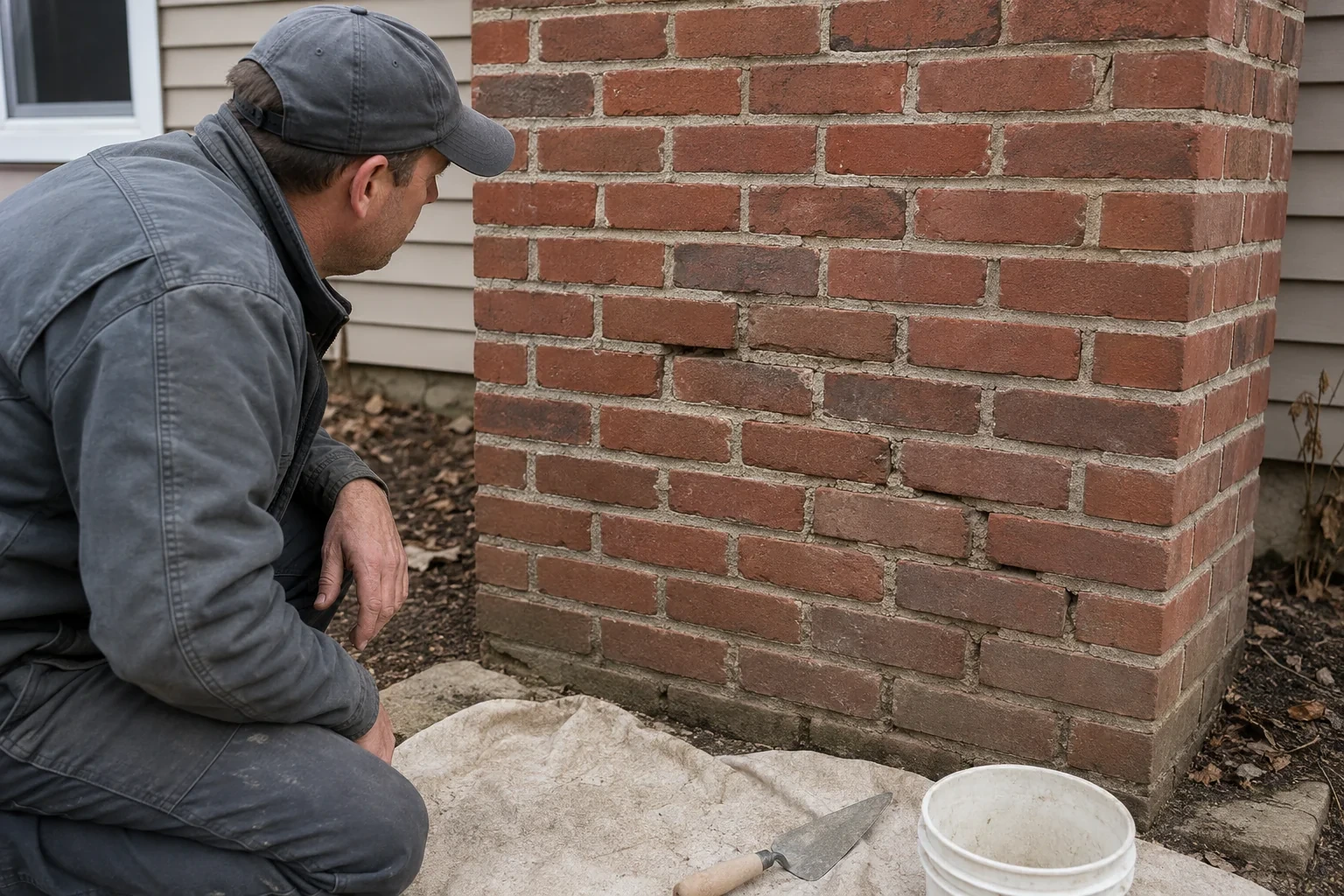 Illustration: Technician examining weathered mortar joints at the base of a brick chimney.