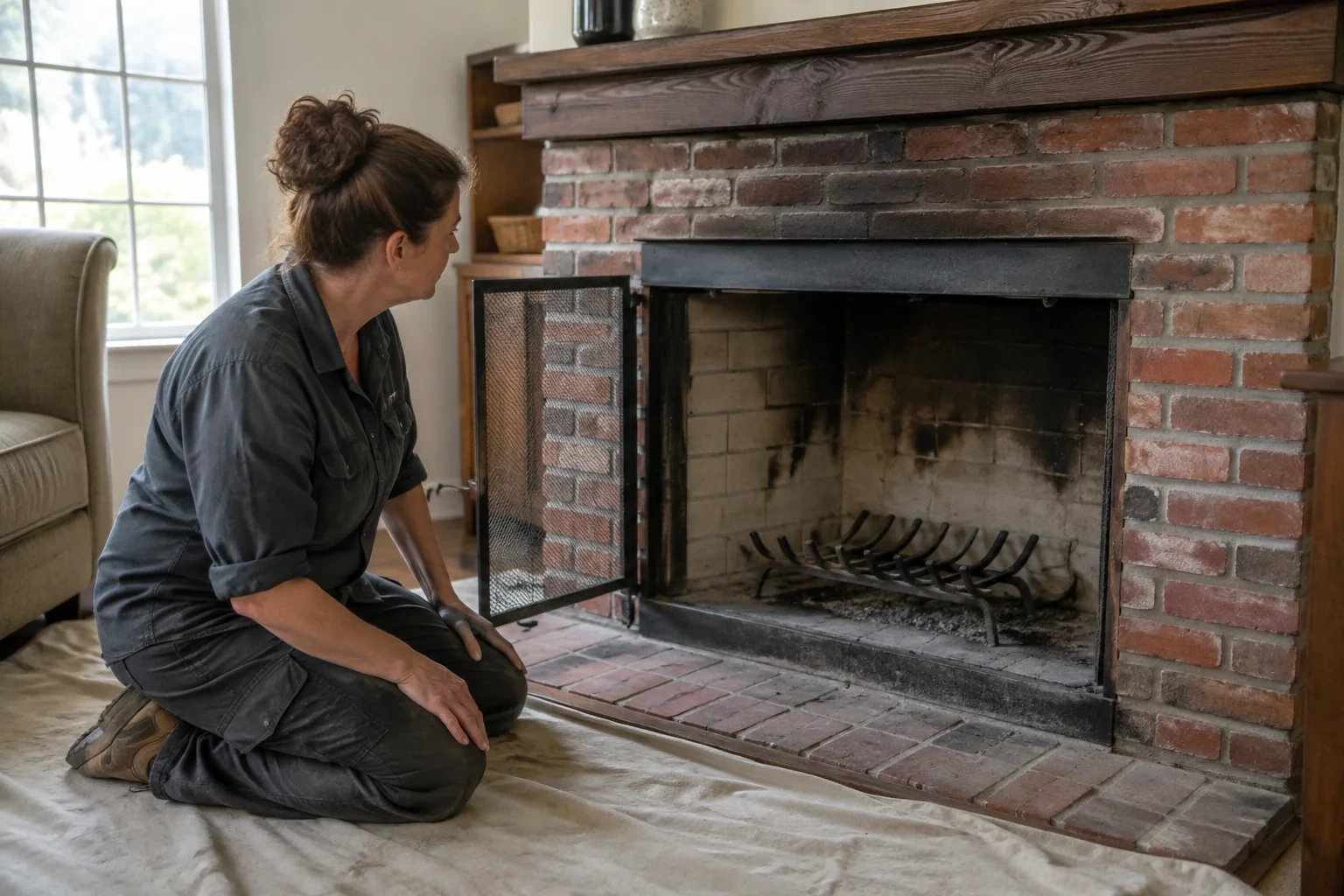 Illustration: Open masonry fireplace with empty log grate and mesh screen beside a technician.